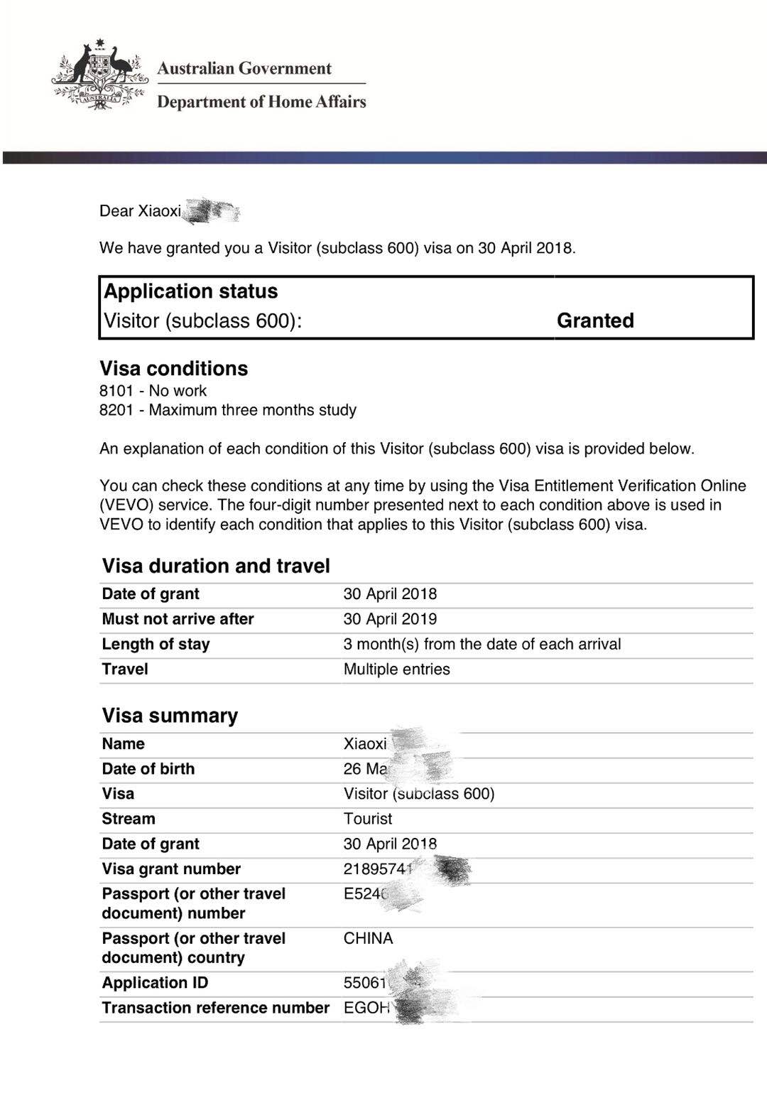 澳洲签证成功案例