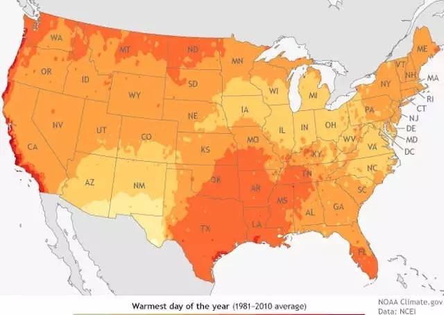 美国各地一年中最热的天气什么时候到来?