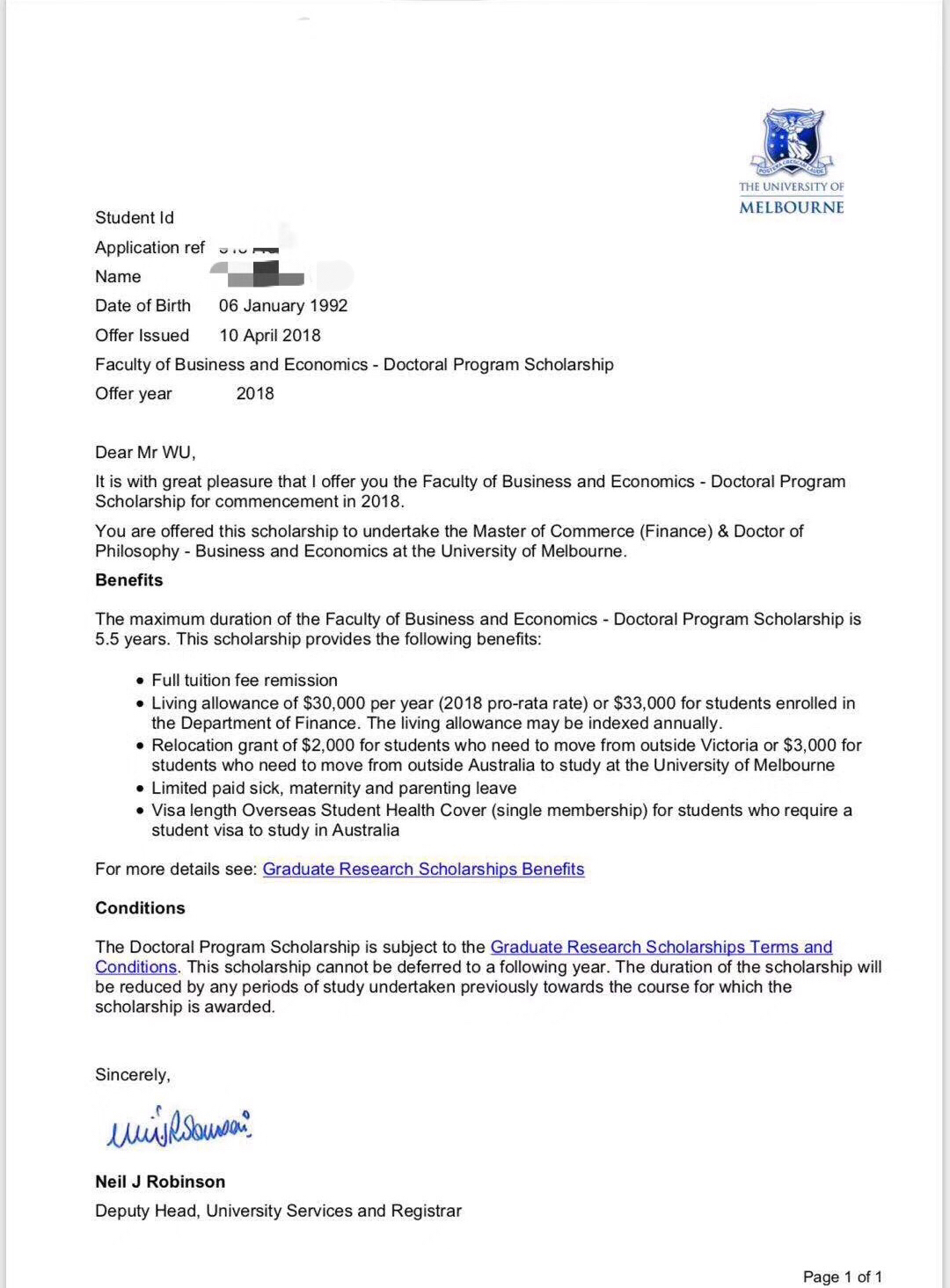 顾问主页 > 墨尔本大学博士全奖案例在这封offer上我们可以看到,博士