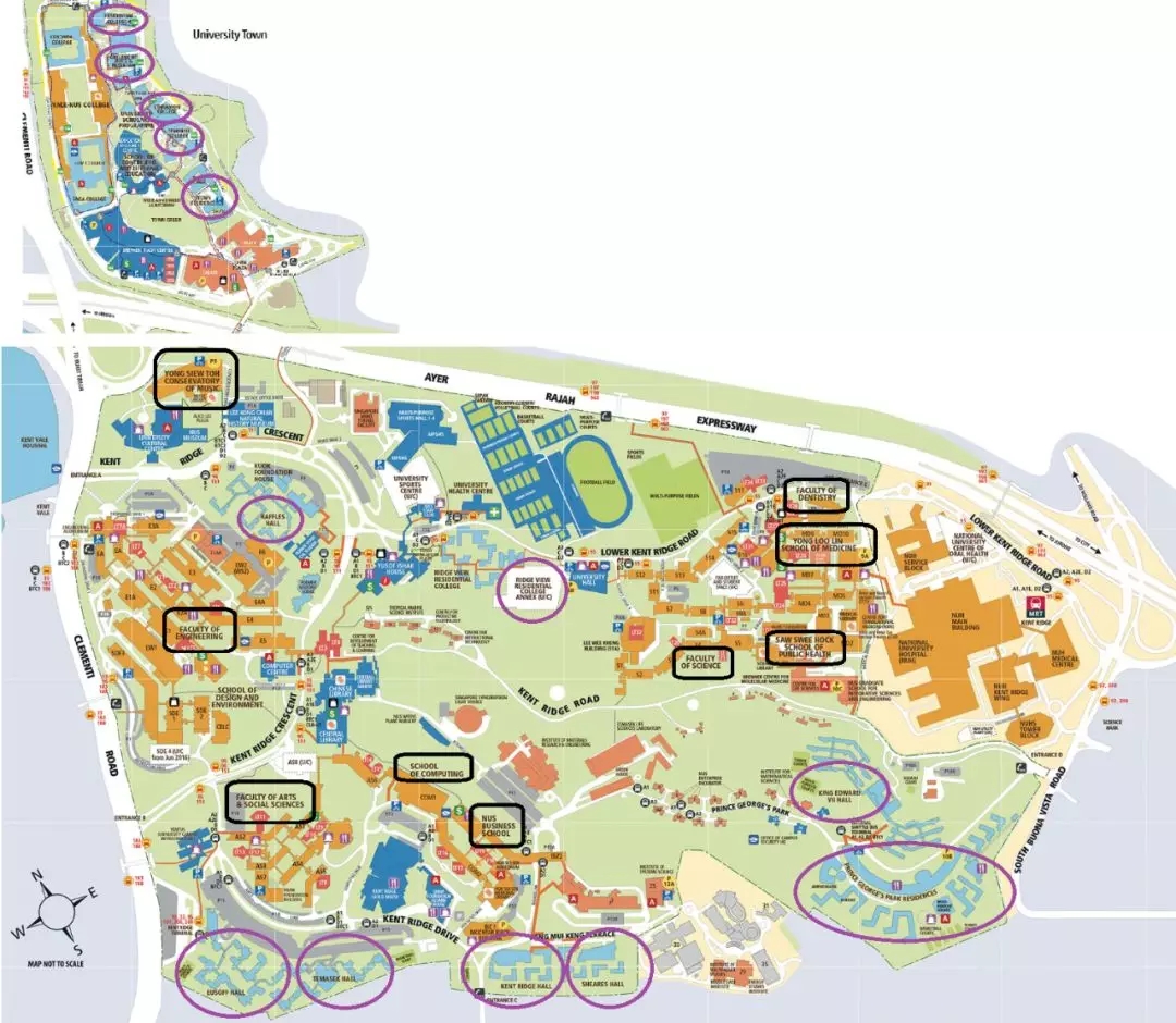 部分宿舍在地图中上半部分的大学城与下半部分的肯特岗校区被一条高速